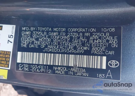 2009 Toyota Prius from USA, damaged, VIN JTDKB20UX93496499